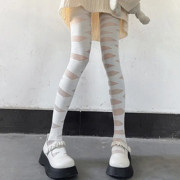 White Bandage Tights OS Mummy Costume Striped Criss Cross Sheer Y2k Halloween Pa - Picture 10 of 10